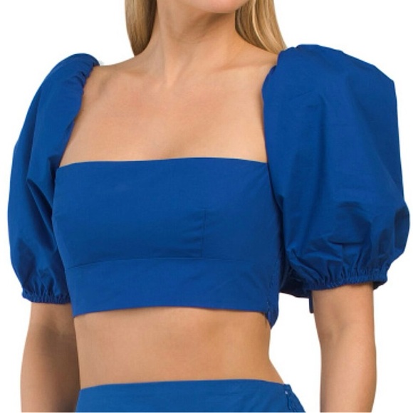 Susana Monaco Tops - NWT Susana Monaco Blue Nocturnal Puff Sleeve Cotton Poplin Crop Top Sz M